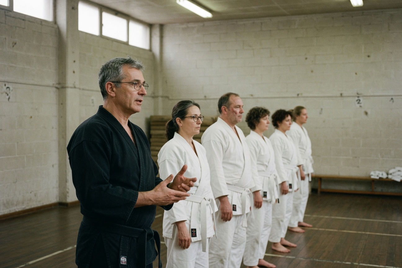 A dignified senior instructor guides a line of adult students with quiet authority in a formal training hall.