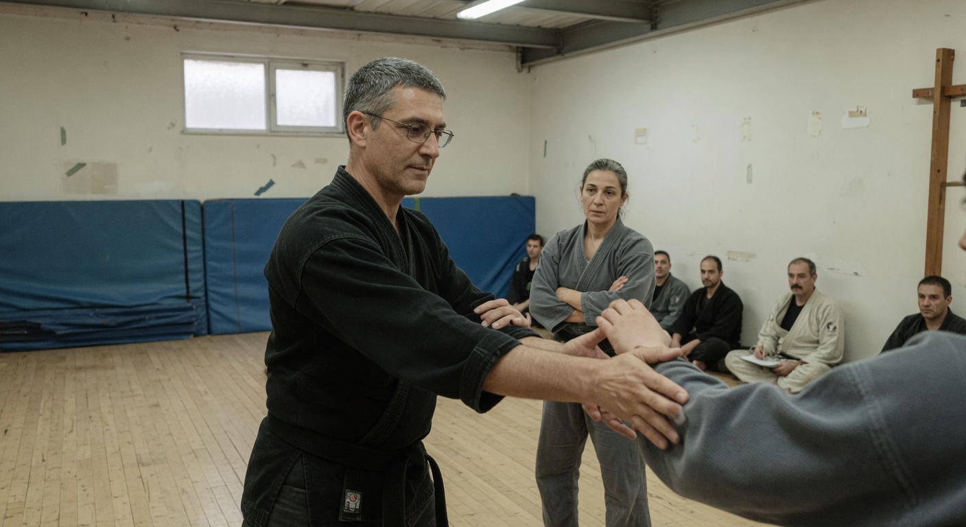 An instructor formally demonstrates a controlled technique with restrained authority.